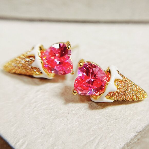 Ice Cream Crystal Earring, Fashion Stud Earring, Heart Jewelry, Birthday Gift - Picture 3 of 8